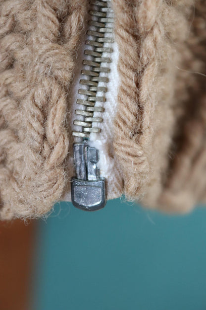 Vintage 1960s 60s hand knitted cream brown red thick wool cowichan sweater cardigan jumper knit zipper shawl collar 54” chest pheasant hunt