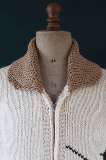Vintage 1960s 60s hand knitted cream brown red thick wool cowichan sweater cardigan jumper knit zipper shawl collar 54” chest pheasant hunt