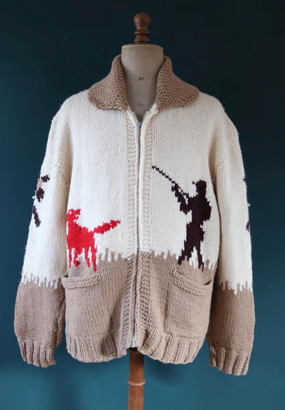 Vintage 1960s 60s hand knitted cream brown red thick wool cowichan sweater cardigan jumper knit zipper shawl collar 54” chest pheasant hunt