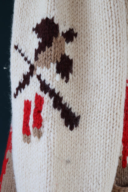 Vintage 1960s 60s hand knitted cream brown red thick wool cowichan sweater cardigan jumper knit zipper shawl collar 54” chest pheasant hunt