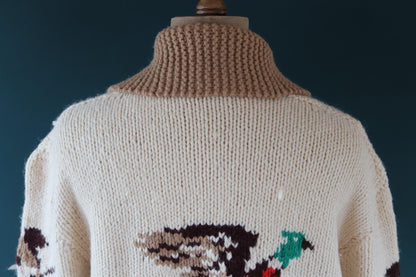 Vintage 1960s 60s hand knitted cream brown red thick wool cowichan sweater cardigan jumper knit zipper shawl collar 54” chest pheasant hunt