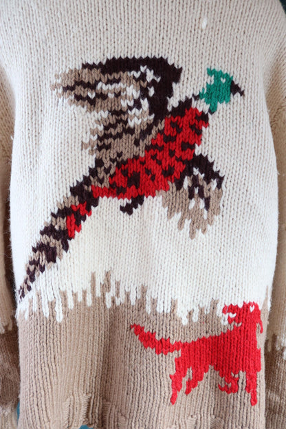 Vintage 1960s 60s hand knitted cream brown red thick wool cowichan sweater cardigan jumper knit zipper shawl collar 54” chest pheasant hunt