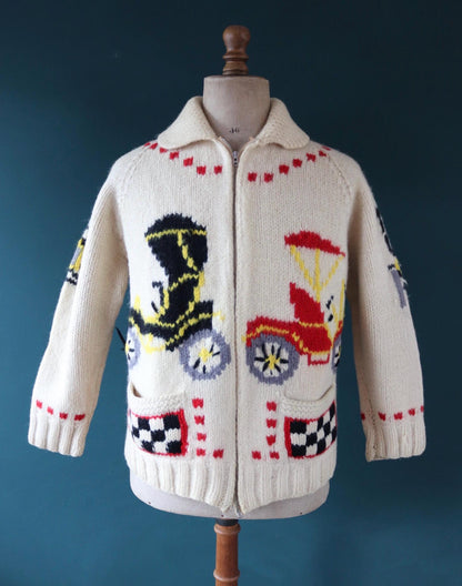 Vintage 1960s 60s hand knitted cream black red thick wool cowichan sweater cardigan jumper knit zipper shawl collar 45” chest veteran car