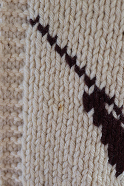 Vintage 1960s 60s hand knitted cream brown red thick wool cowichan sweater cardigan jumper knit zipper shawl collar 46” chest pheasant hunt