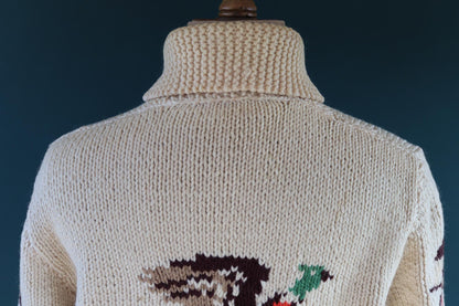 Vintage 1960s 60s hand knitted cream brown red thick wool cowichan sweater cardigan jumper knit zipper shawl collar 46” chest pheasant hunt