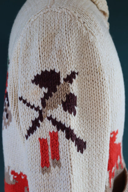 Vintage 1960s 60s hand knitted cream brown red thick wool cowichan sweater cardigan jumper knit zipper shawl collar 46” chest pheasant hunt