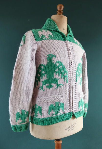 Vintage 1950 50s 1960s 60s chunky knitted wool cowichan sweater cardigan jumper novelty hand made knit thunderbird shawl collar 41” chest
