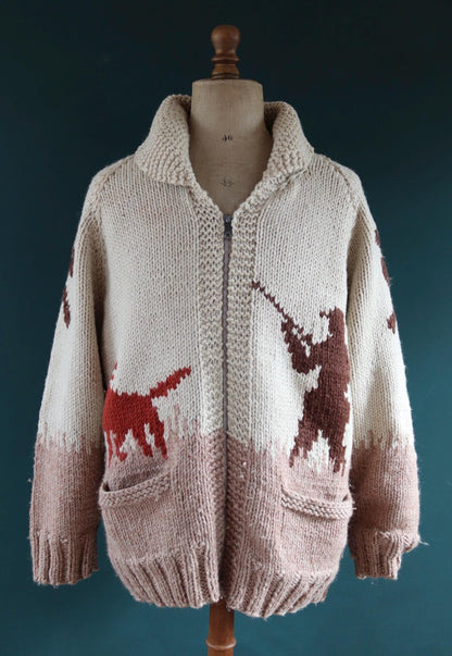 Vintage 1960s 60s hand knitted cream brown red thick wool cowichan sweater cardigan jumper knit zipper shawl collar 48” chest pheasant hunt