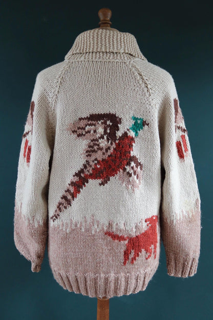 Vintage 1960s 60s hand knitted cream brown red thick wool cowichan sweater cardigan jumper knit zipper shawl collar 48” chest pheasant hunt