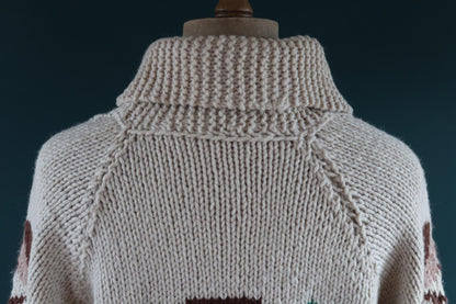 Vintage 1960s 60s hand knitted cream brown red thick wool cowichan sweater cardigan jumper knit zipper shawl collar 48” chest pheasant hunt