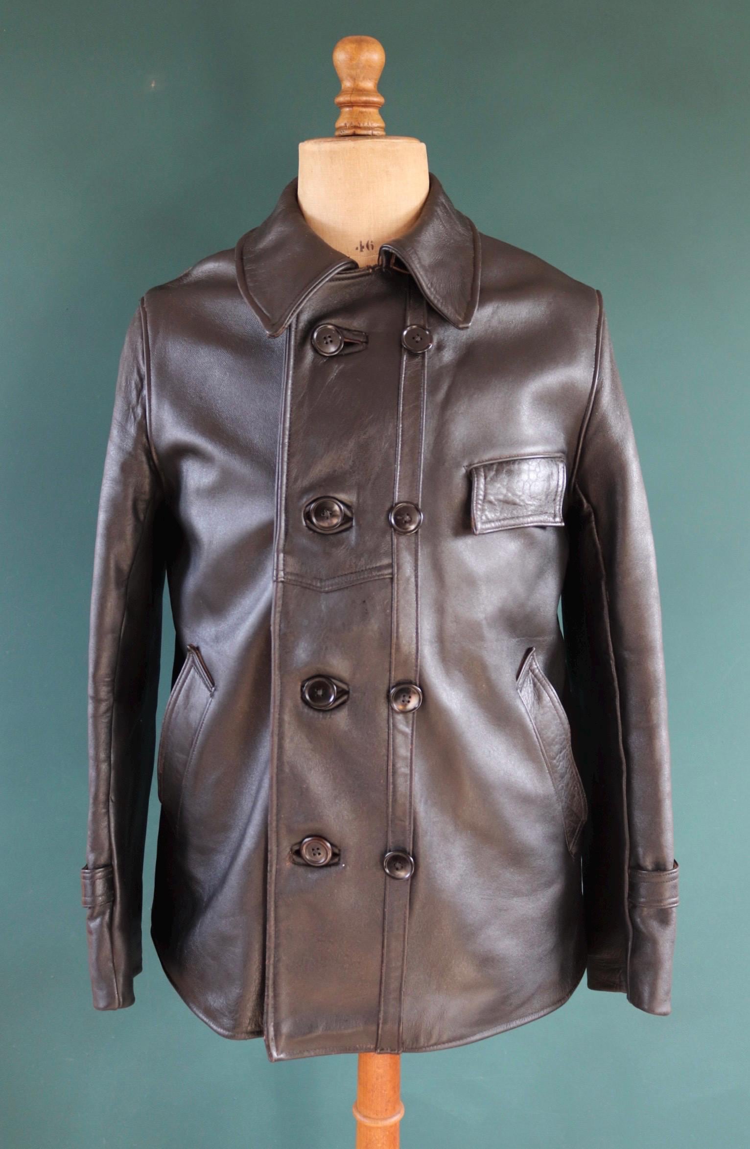 Vintage 1950s 50s 1960s 60s leather jacket French black Le Corbusier double breasted 41” chest