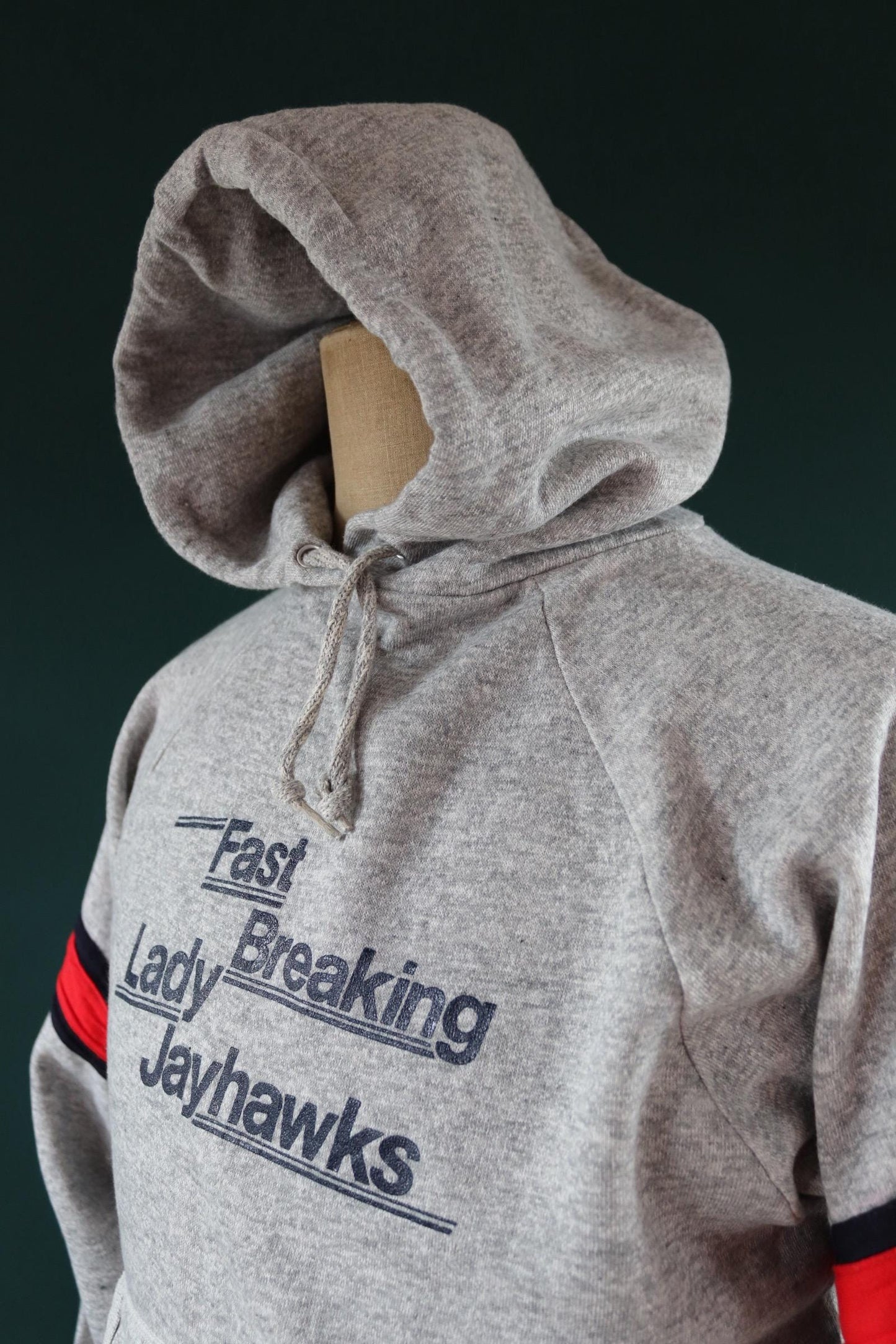 Vintage 1980s 80s Champion grey marl Kansas Fast Breaking Lady Jayhawks basketball hooded hoodie sweatshirt 42" chest sportswear flock