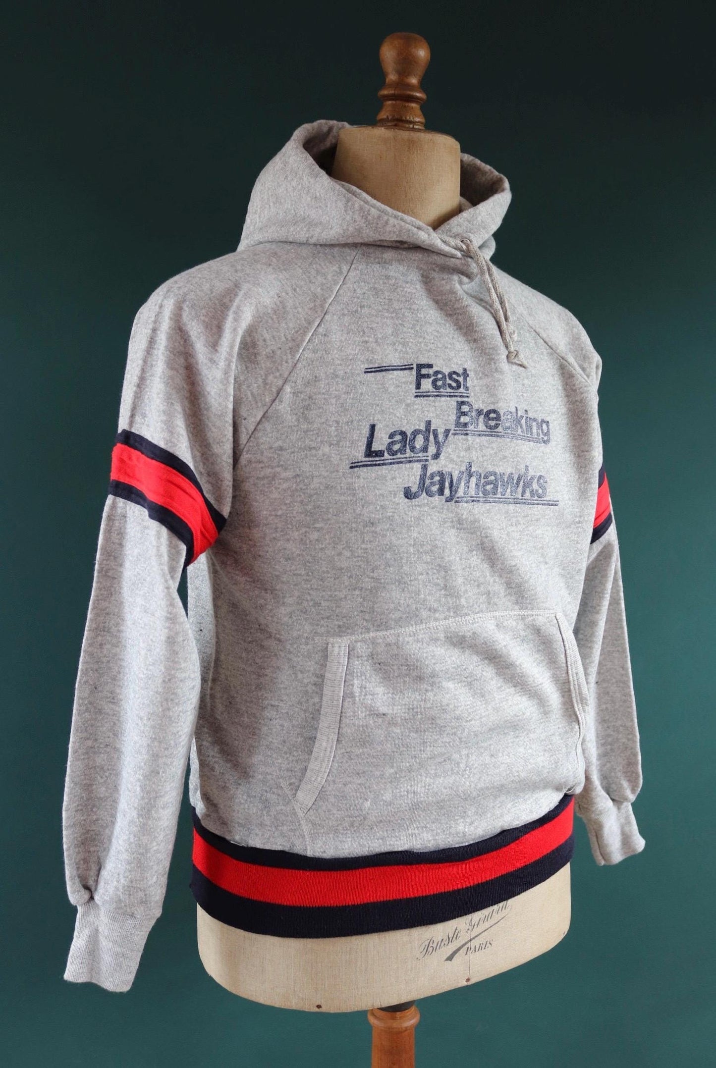 Vintage 1980s 80s Champion grey marl Kansas Fast Breaking Lady Jayhawks basketball hooded hoodie sweatshirt 42" chest sportswear flock