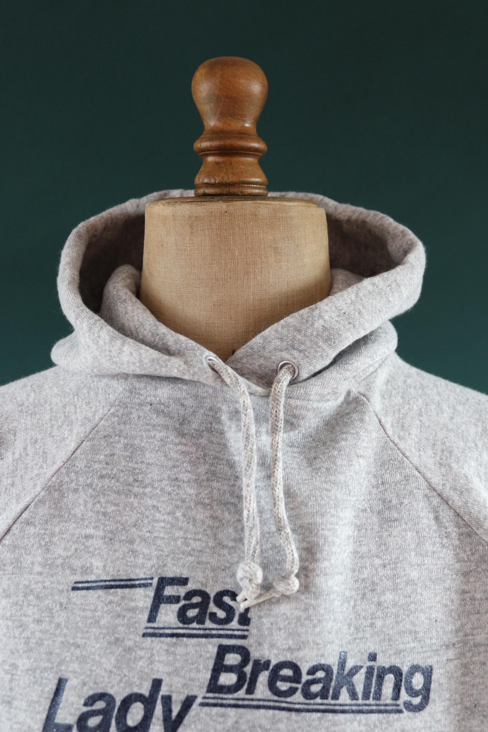 Vintage 1980s 80s Champion grey marl Kansas Fast Breaking Lady Jayhawks basketball hooded hoodie sweatshirt 42" chest sportswear flock