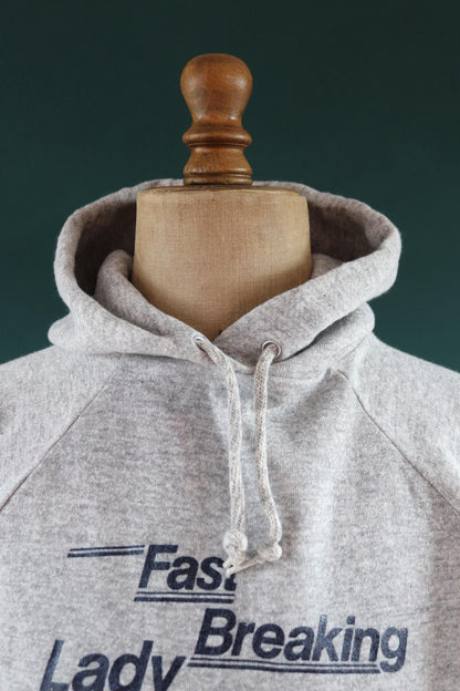 Vintage 1980s 80s Champion grey marl Kansas Fast Breaking Lady Jayhawks basketball hooded hoodie sweatshirt 42" chest sportswear flock