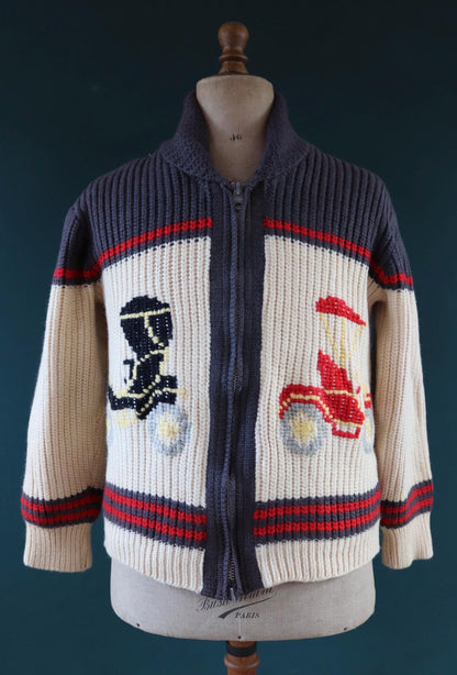Vintage 1960s 60s hand knitted cream grey red thick wool cowichan sweater cardigan jumper knit zipper shawl collar 42” chest veteran car