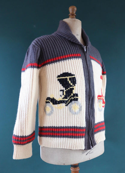 Vintage 1960s 60s hand knitted cream grey red thick wool cowichan sweater cardigan jumper knit zipper shawl collar 42” chest veteran car