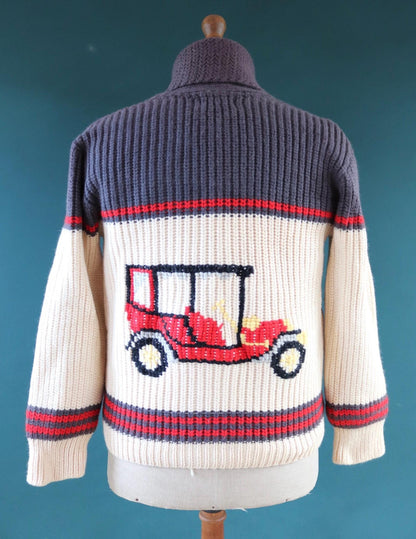 Vintage 1960s 60s hand knitted cream grey red thick wool cowichan sweater cardigan jumper knit zipper shawl collar 42” chest veteran car