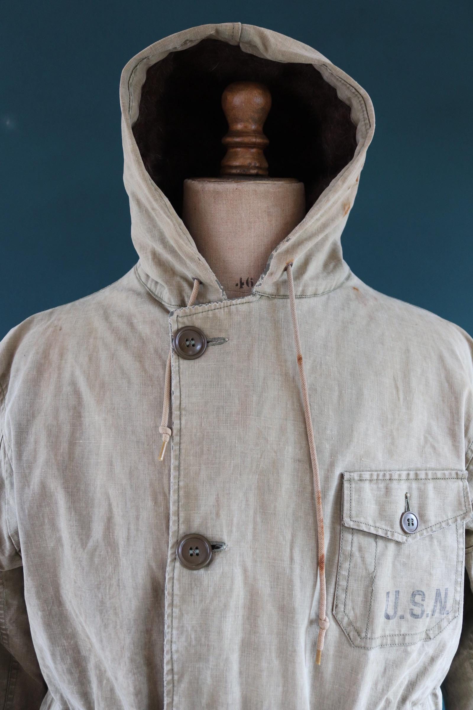 Vintage 1940s 40s WW2 USN US navy naval khaki green military overcoat parka coat jacket foul wet weather 44” chest PT boat torpedo deck