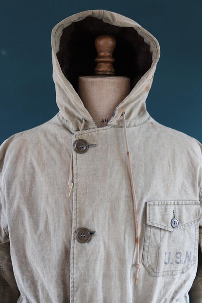 Vintage 1940s 40s WW2 USN US navy naval khaki green military overcoat parka coat jacket foul wet weather 44” chest PT boat torpedo deck