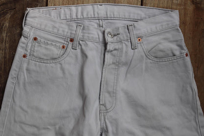 Vintage 1990s 90s Levis 517 Levi Strauss off white grey red tab small e denim jeans button fly 31” x 28” mod