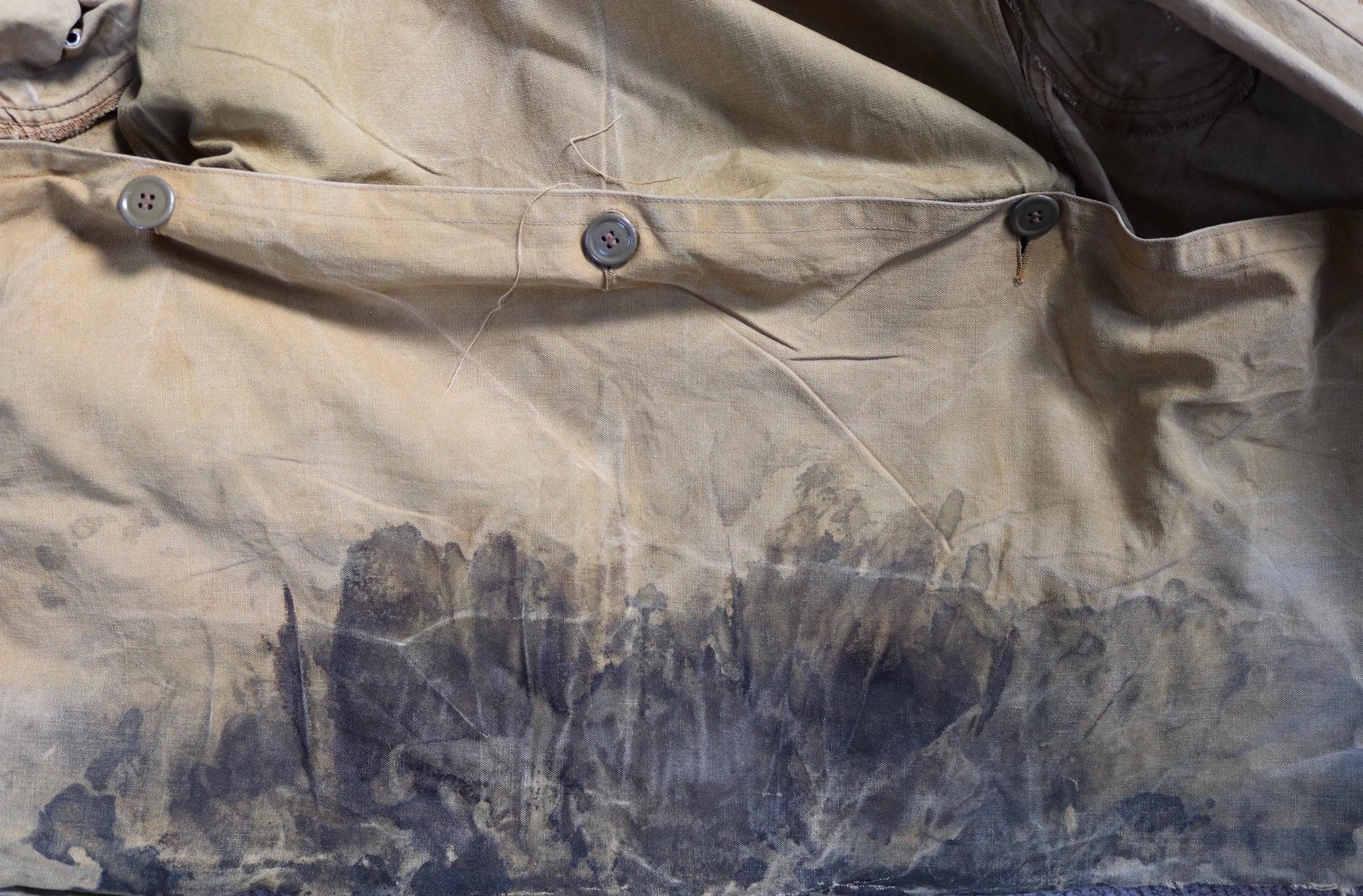 Vintage 1930s 30s 1940s 40s tin cloth duck cotton canvas hunting shooting jacket 47” chest Drybak American workwear work chore distressed