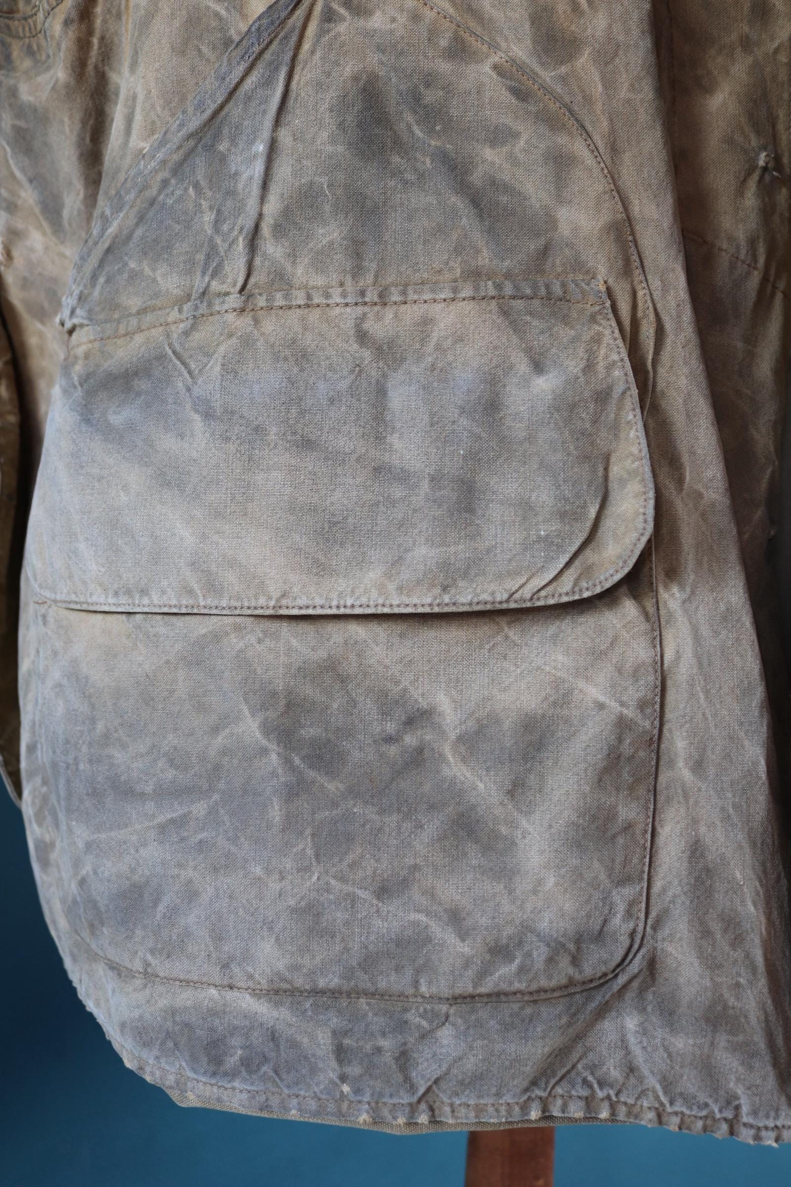 Vintage 1930s 30s 1940s 40s tin cloth duck cotton canvas hunting shooting jacket 47” chest Drybak American workwear work chore distressed