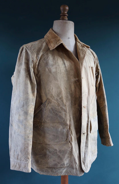 Vintage 1930s 30s 1940s 40s tin cloth duck cotton canvas hunting shooting jacket 47” chest Drybak American workwear work chore distressed