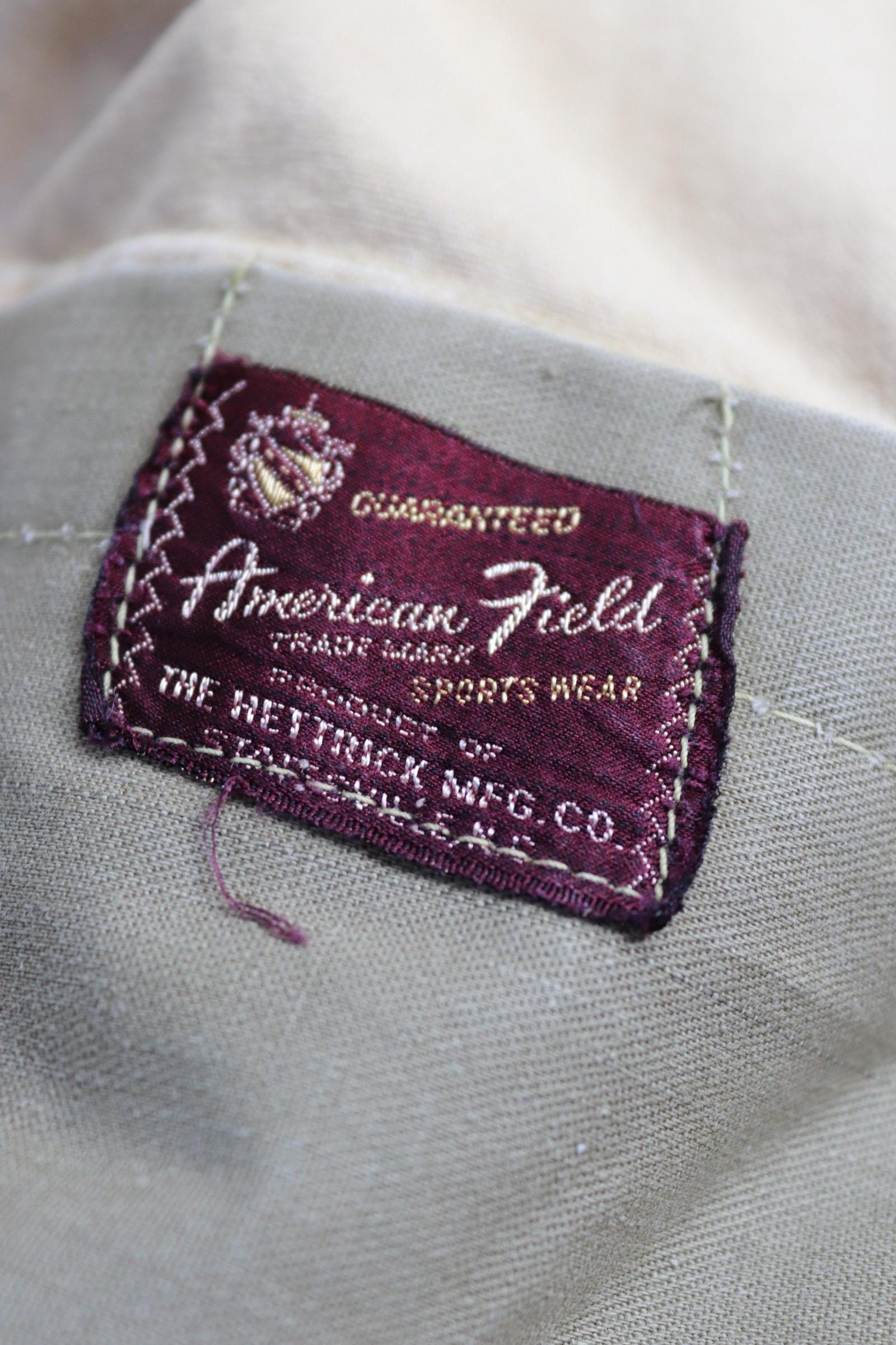 Vintage 1950s 50s 1960s 60s American Field Hettrick tan brown duck cotton canvas jacket hunting shooting American 50” chest workwear chore