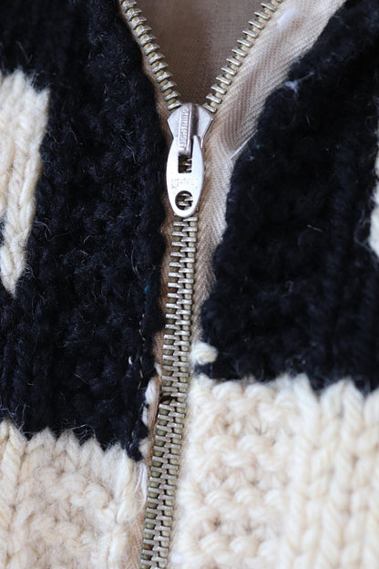 Vintage 1950 50s 1960s 60s chunky knitted wool cowichan sweater cardigan jumper novelty hand made knit thunderbird shawl collar 52” chest