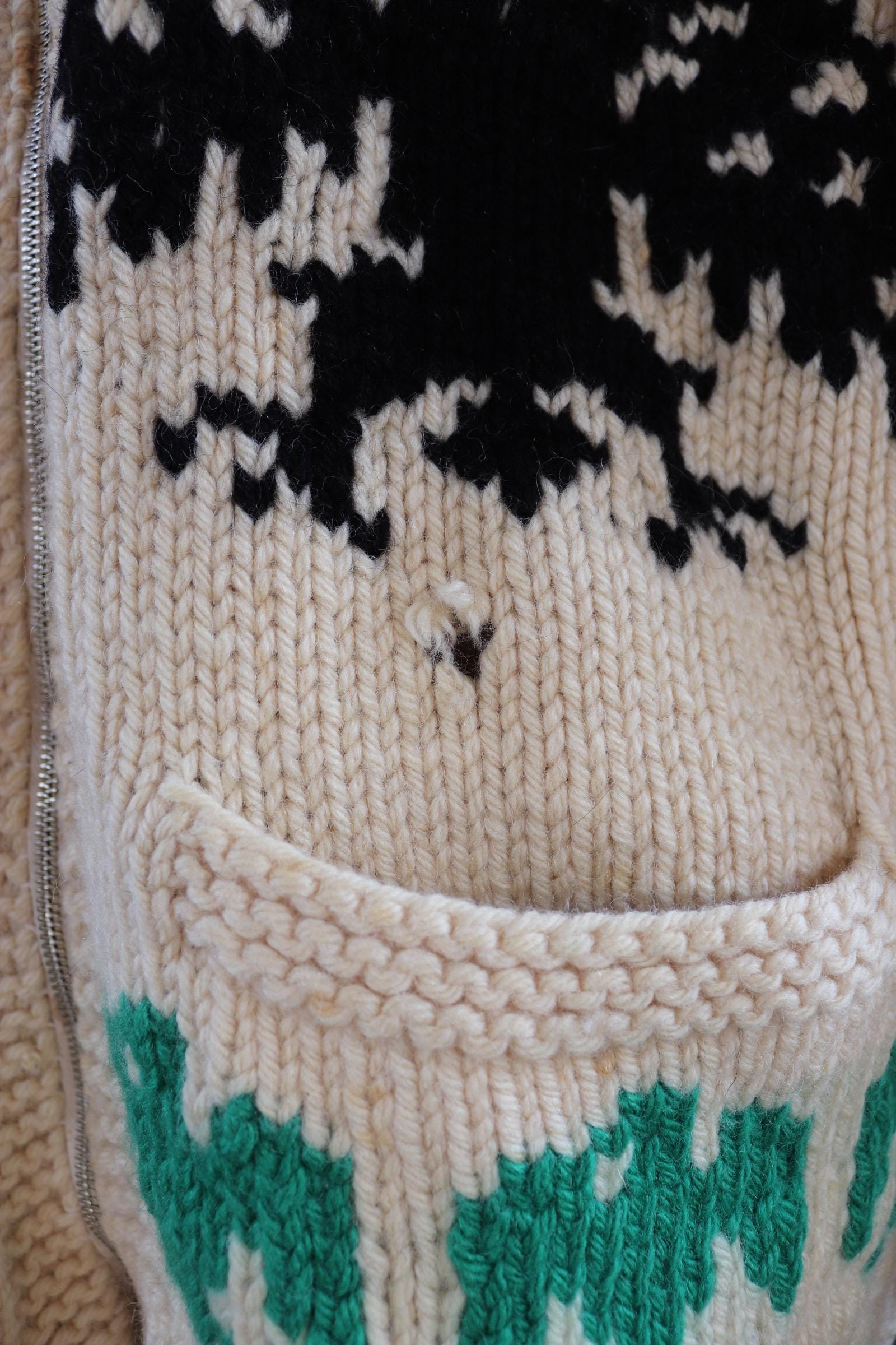 Vintage 1950 50s 1960s 60s chunky knitted wool cowichan sweater cardigan jumper novelty hand made knit thunderbird shawl collar 52” chest