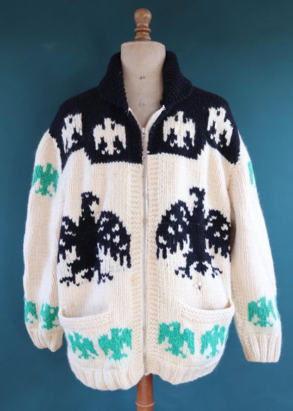 Vintage 1950 50s 1960s 60s chunky knitted wool cowichan sweater cardigan jumper novelty hand made knit thunderbird shawl collar 52” chest