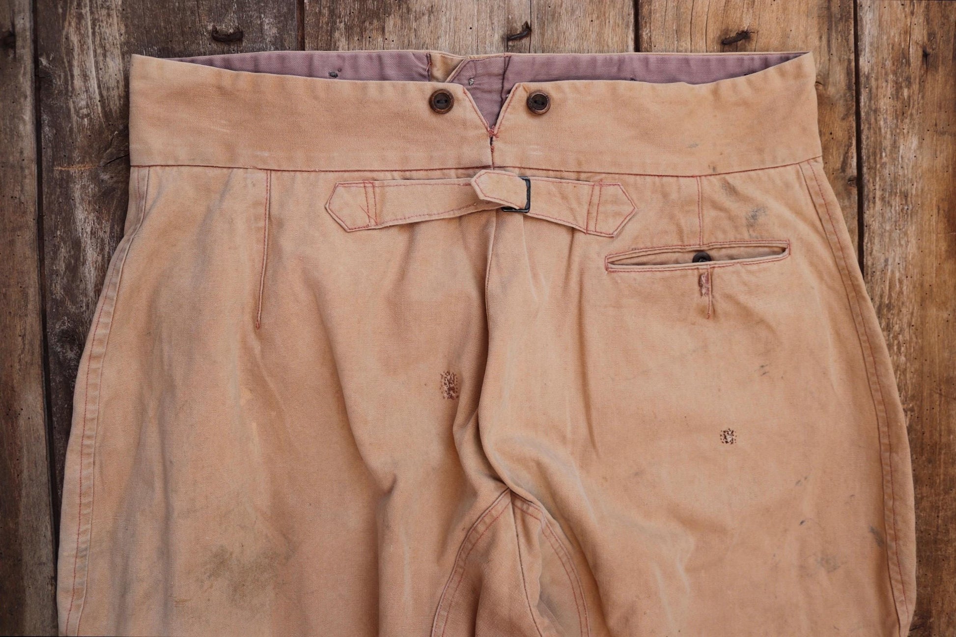 Vintage French workwear 1940s 1950s jodhpurs trousers brown cotton canvas hunting riding breeches 39” x 24” work chore fishtail buckle back