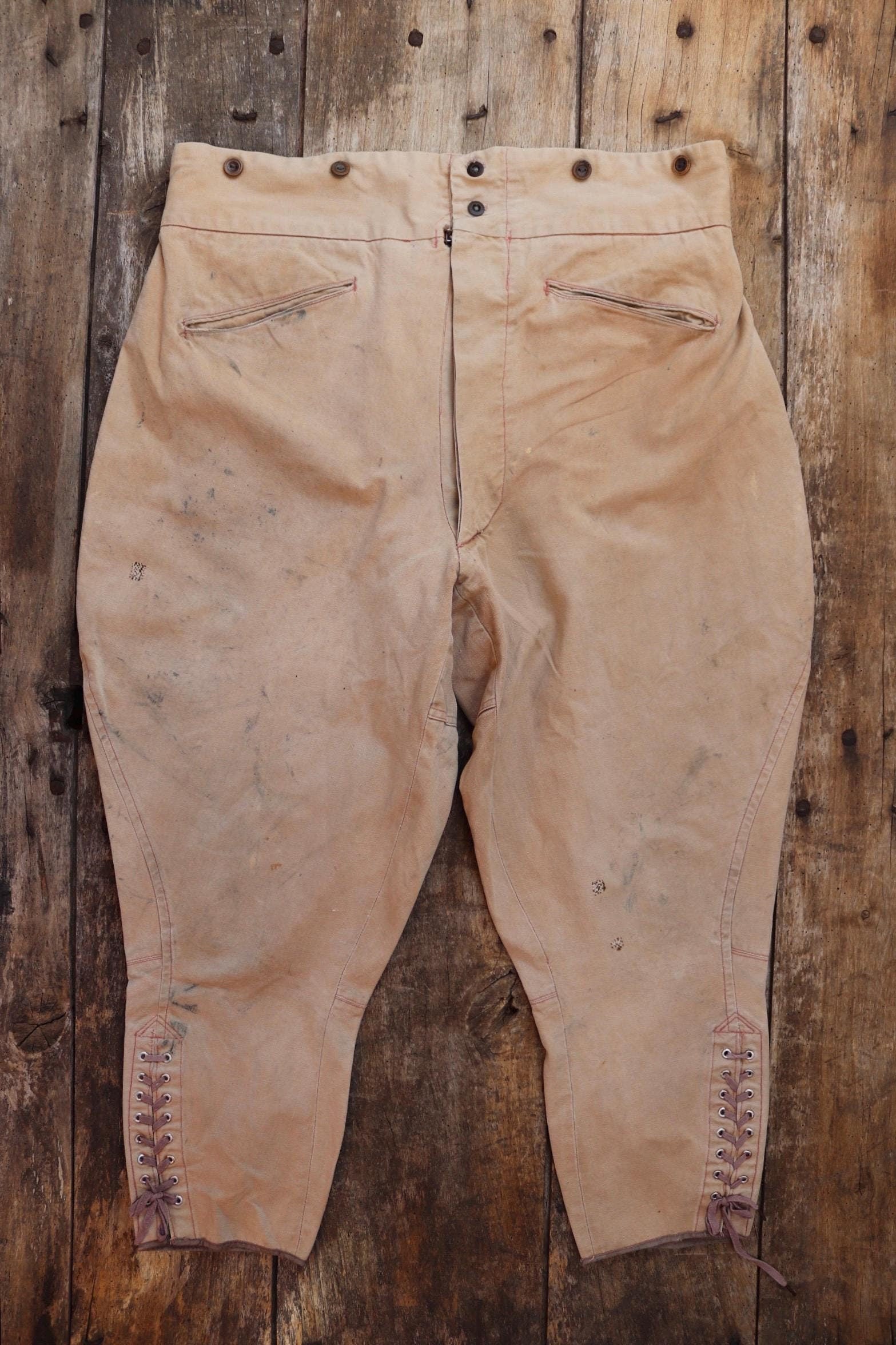 Vintage French workwear 1940s 1950s jodhpurs trousers brown cotton canvas hunting riding breeches 39” x 24” work chore fishtail buckle back