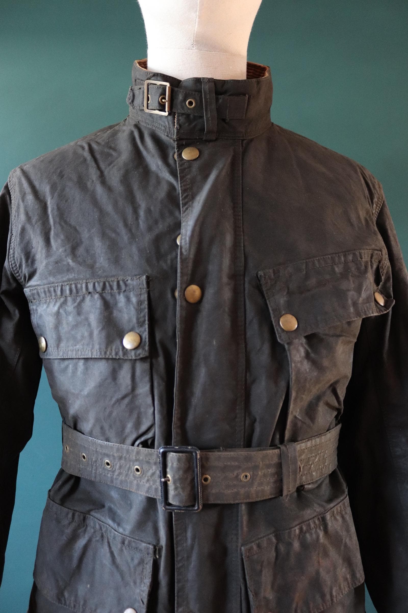 Vintage 1950s 50s Belstaff Trialmaster chequered flag waxed cotton motorcycle jacket trousers full suit 45" chest trial bike racing