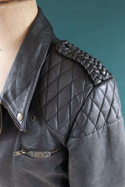 Vintage 1980s 80s 1990s 90s black leather jacket German biker motorcycle plaited quilted epaulettes 44” chest