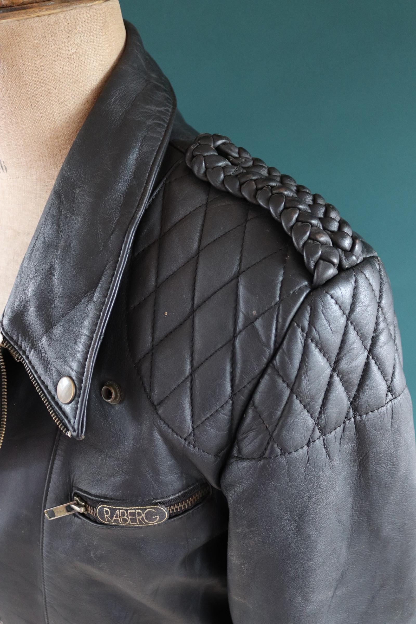 Vintage 1980s 90s black leather biker jacket - German motorcycle - plaited epaulettes - 44” chest