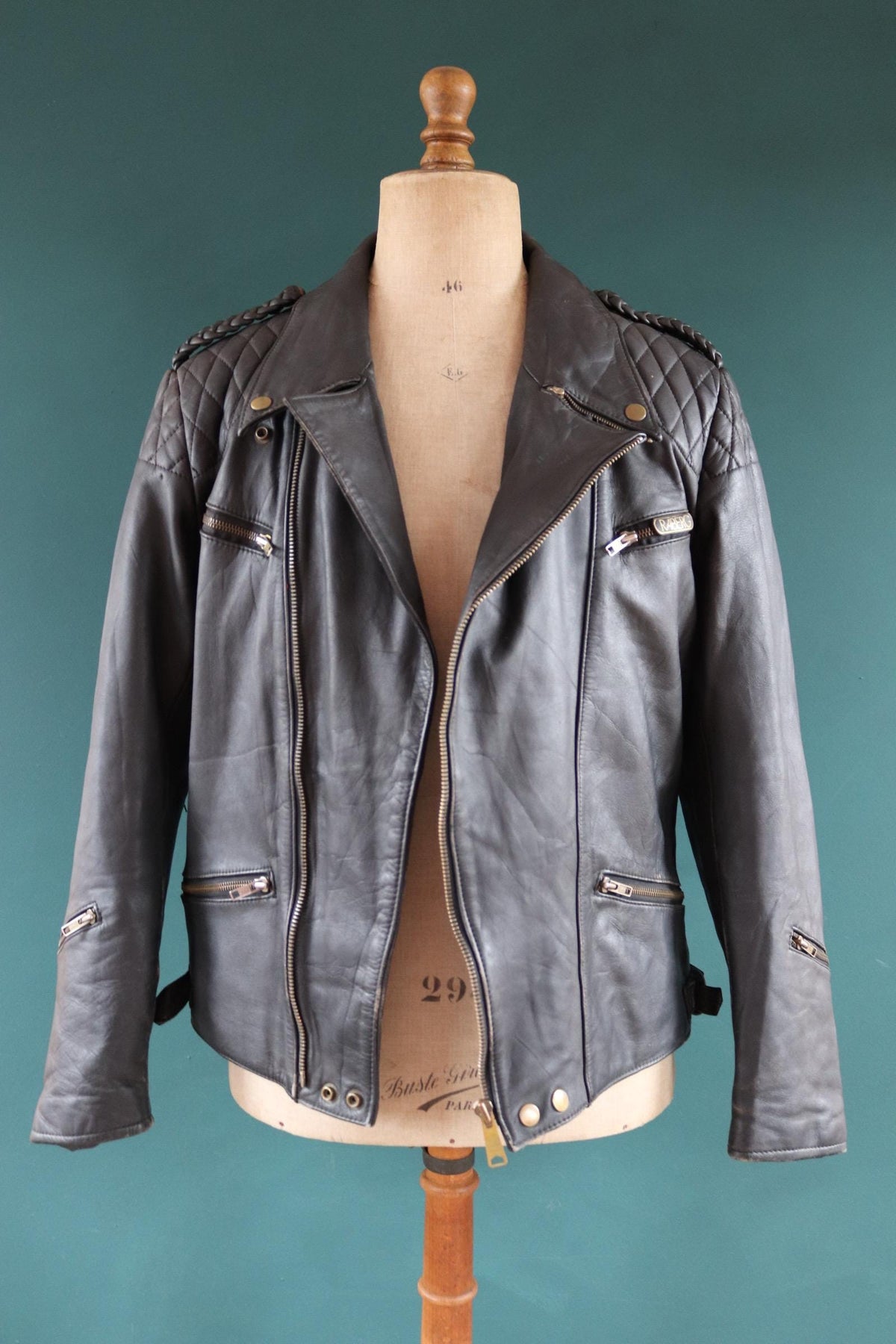 Vintage 1980s black leather biker jacket - 1990s German motorcycle - plaited epaulettes - 44” chest
