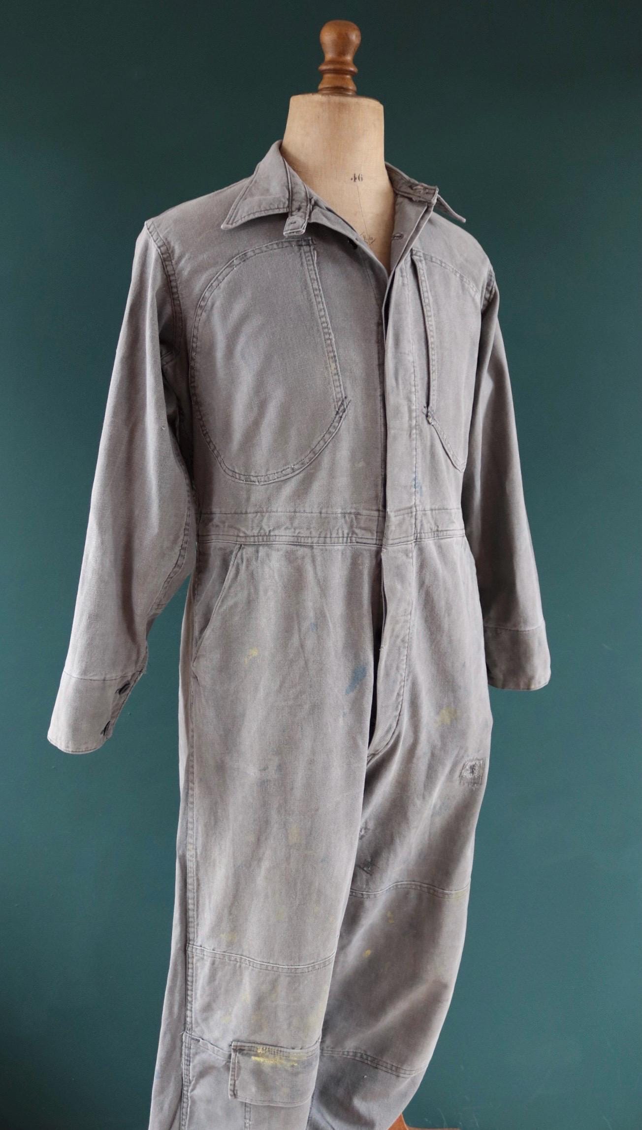 Vintage 1940s 40s 1950s 50s Swedish black cotton denim overalls coveralls mechanic tank crew military work chore workwear 44” x 36” x 27”