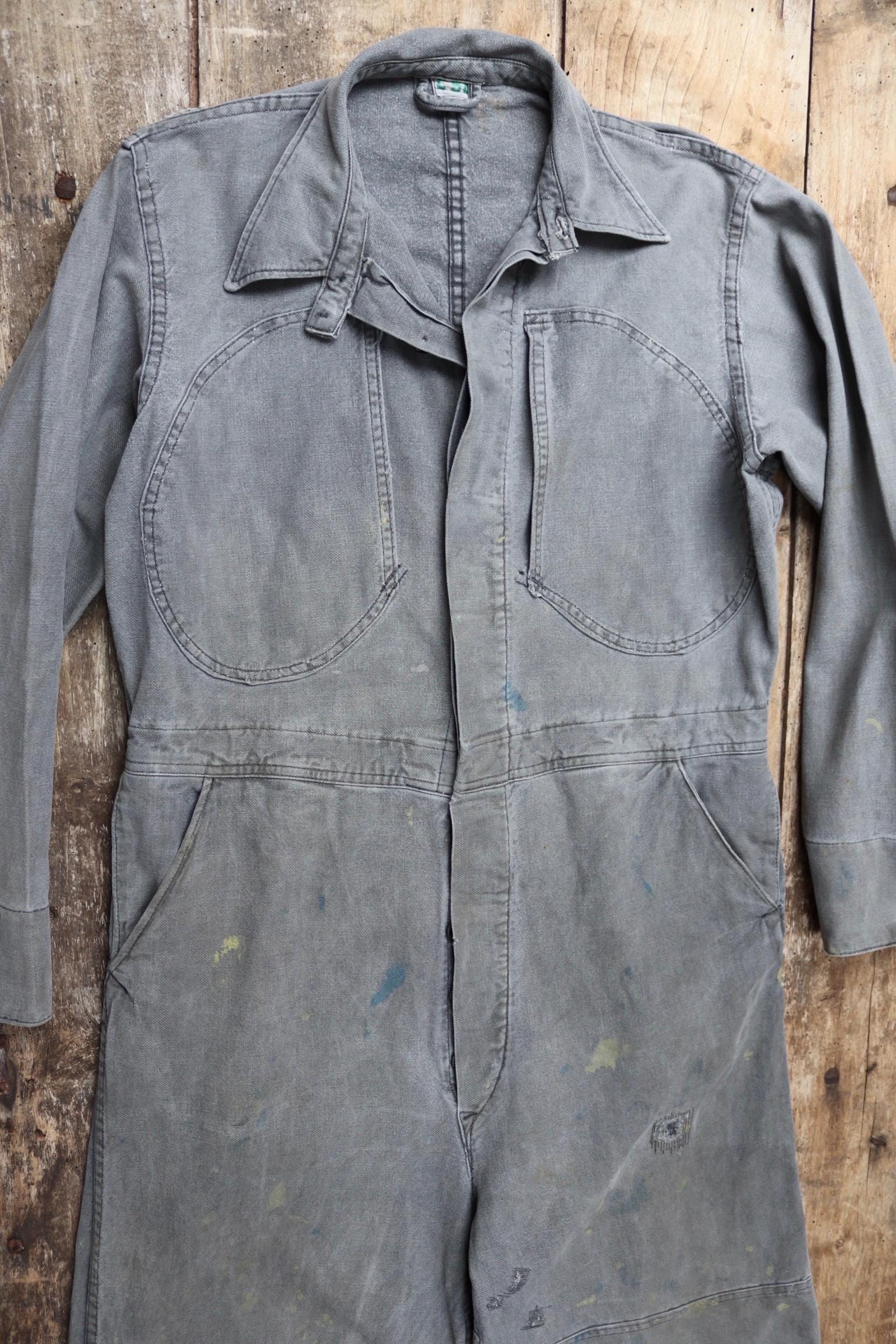 Vintage 1940s 40s 1950s 50s Swedish black cotton denim overalls coveralls mechanic tank crew military work chore workwear 44” x 36” x 27”