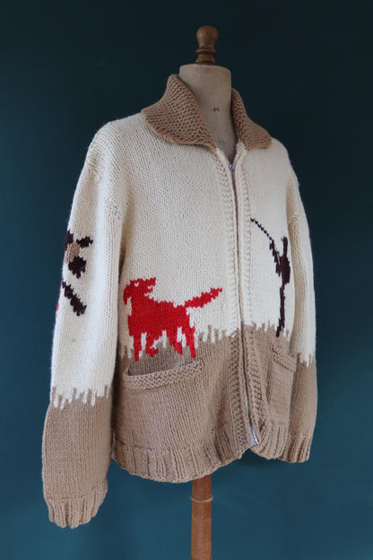 Vintage 1960s 60s hand knitted cream brown red thick wool cowichan sweater cardigan jumper knit zipper shawl collar 54” chest pheasant hunt