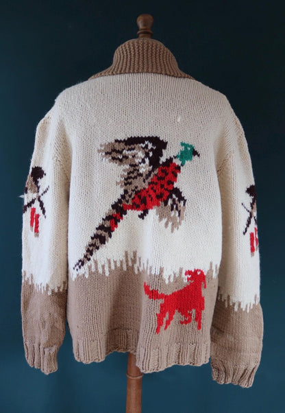 Vintage 1960s 60s hand knitted cream brown red thick wool cowichan sweater cardigan jumper knit zipper shawl collar 54” chest pheasant hunt