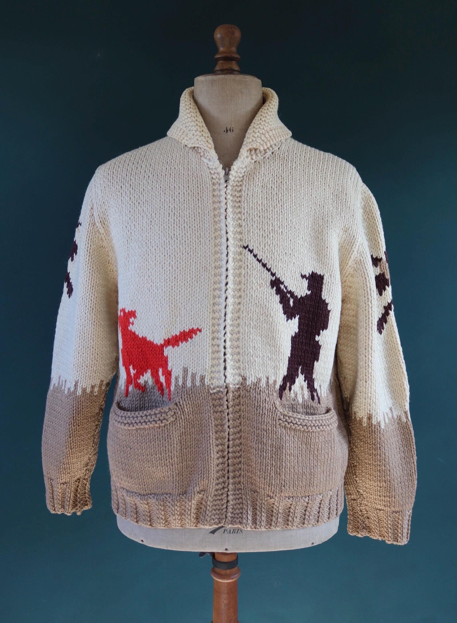 Vintage 1960s 60s hand knitted cream brown red thick wool cowichan sweater cardigan jumper knit zipper shawl collar 46” chest pheasant hunt