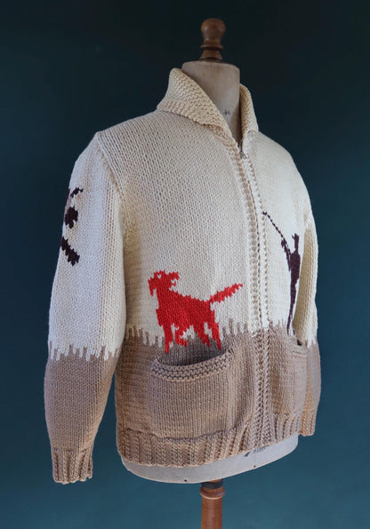 Vintage 1960s 60s hand knitted cream brown red thick wool cowichan sweater cardigan jumper knit zipper shawl collar 46” chest pheasant hunt