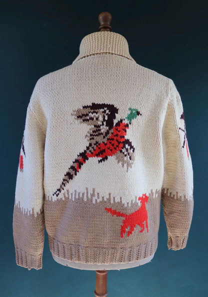 Vintage 1960s 60s hand knitted cream brown red thick wool cowichan sweater cardigan jumper knit zipper shawl collar 46” chest pheasant hunt