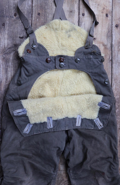 Vintage 1950s 50s Swedish army Oljon green cotton canvas insulated pile military motorcycle tank overalls dungarees workwear work 35” x 30”