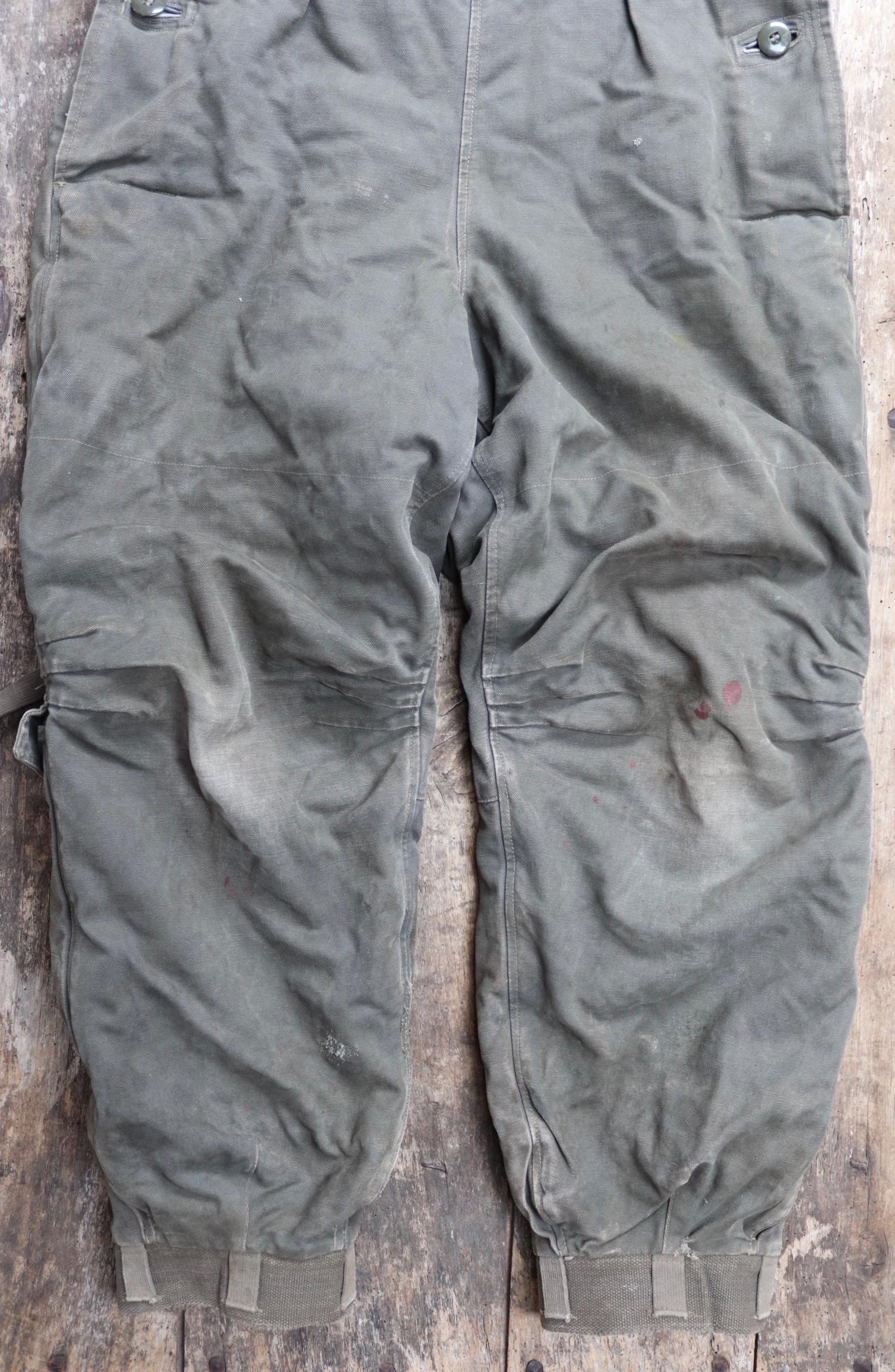 Vintage 1950s 50s Swedish army Oljon green cotton canvas insulated pile military motorcycle tank overalls dungarees workwear work 35” x 30”