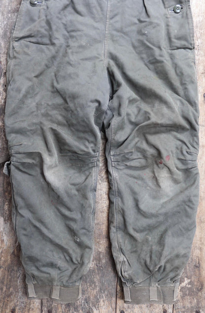Vintage 1950s 50s Swedish army Oljon green cotton canvas insulated pile military motorcycle tank overalls dungarees workwear work 35” x 30”