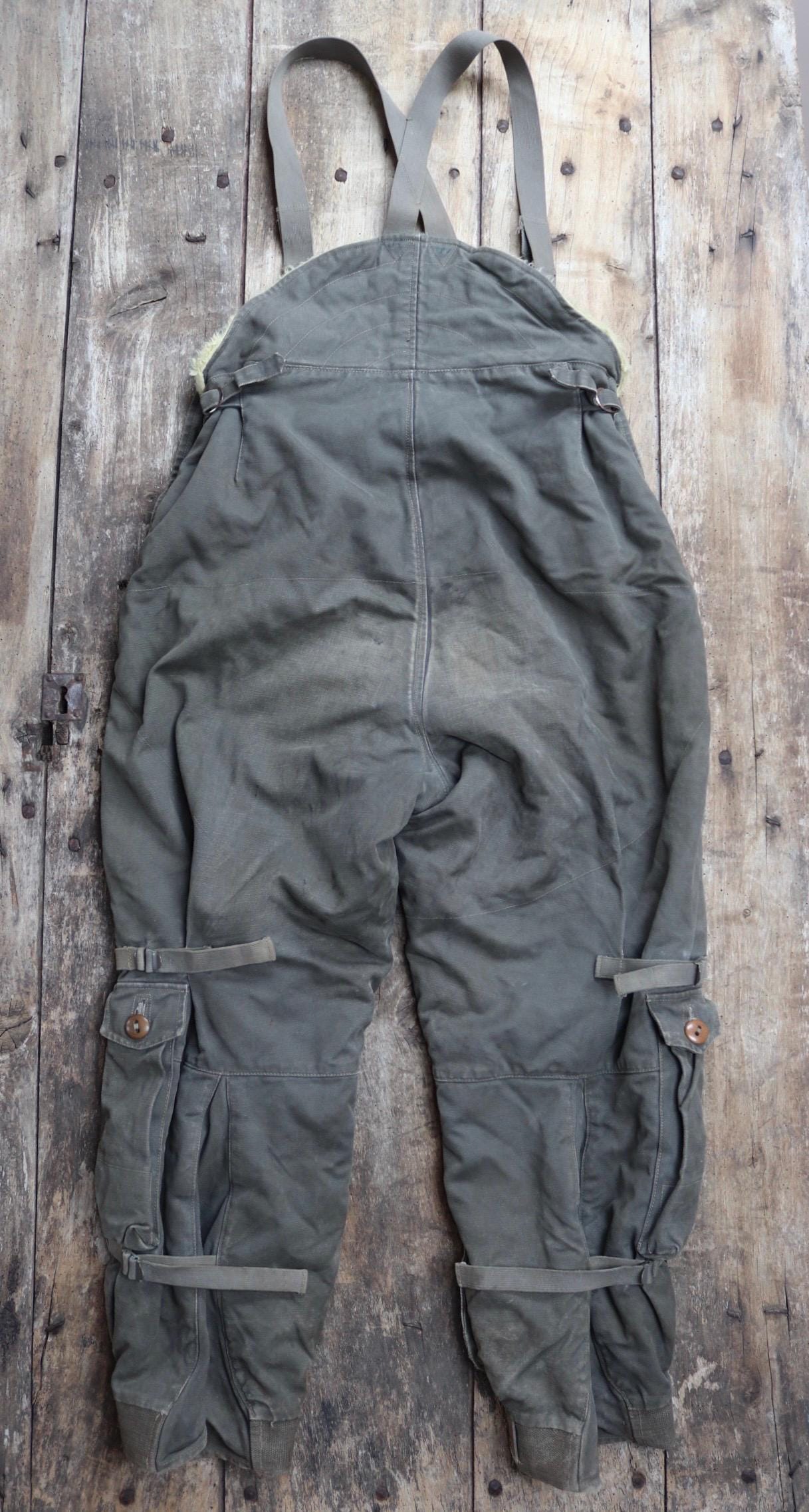 Vintage 1950s 50s Swedish army Oljon green cotton canvas insulated pile military motorcycle tank overalls dungarees workwear work 35” x 30”