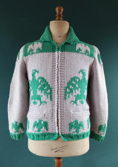 Vintage 1950 50s 1960s 60s chunky knitted wool cowichan sweater cardigan jumper novelty hand made knit thunderbird shawl collar 41” chest